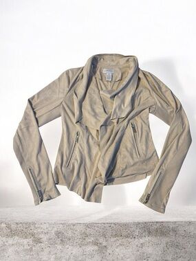 Carmen Marc Valvo Taupe Draped Open-Front Leather-Look Jacket size XS